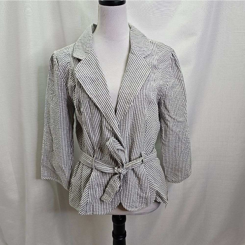 Lifestyle Attitude by Larry Levine Blue Striped Seersucker Belted Blazer Size 12